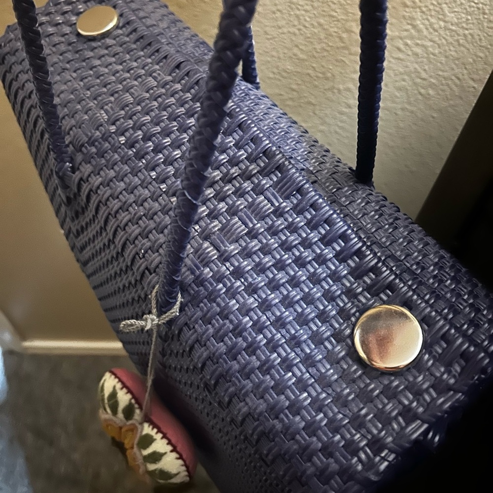 Navy Blue Woven Handbag with Floral Charm - Picture 3 of 6